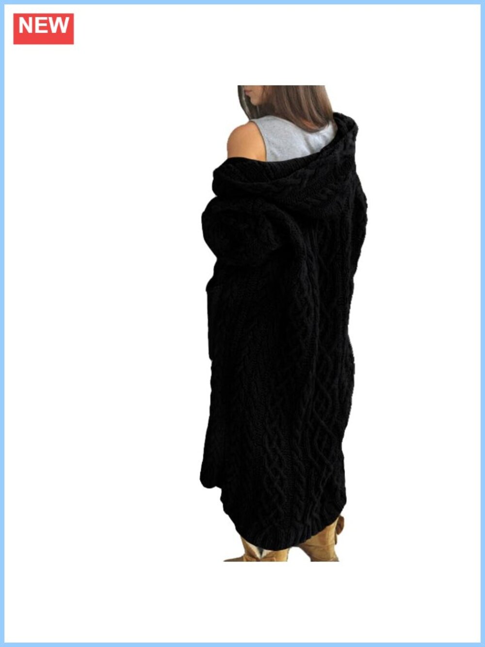 Womens Open Front Cable Knit Long Cardigan Hooded Sweater with Pockets